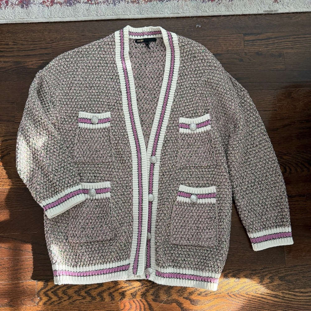 Maje Cream Cardigan with Pink & Green Accents